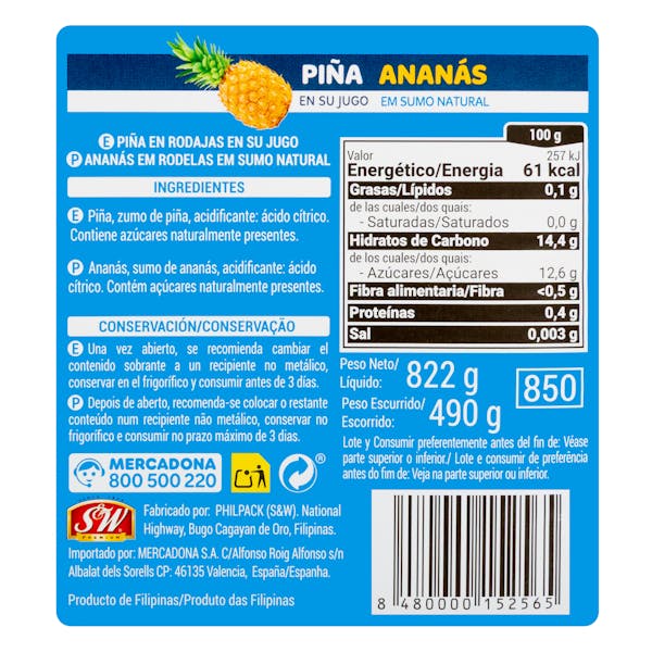 Piña en su jugo Hacendado rodajas