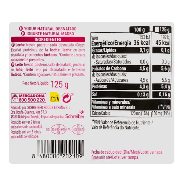 Yogur natural Hacendado 0% MG 0% azúcares añadidos