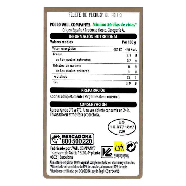 Filetes pechuga de pollo certificado alimentado con un 50% de maíz
