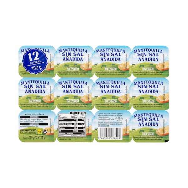 Mantequilla en porciones Hacendado sin sal añadida