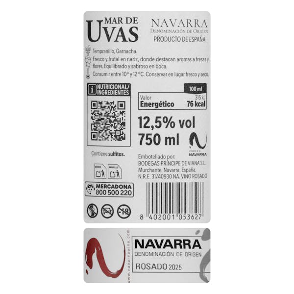 Vino rosado tempranillo garnacha Mar De Uvas DO Navarra