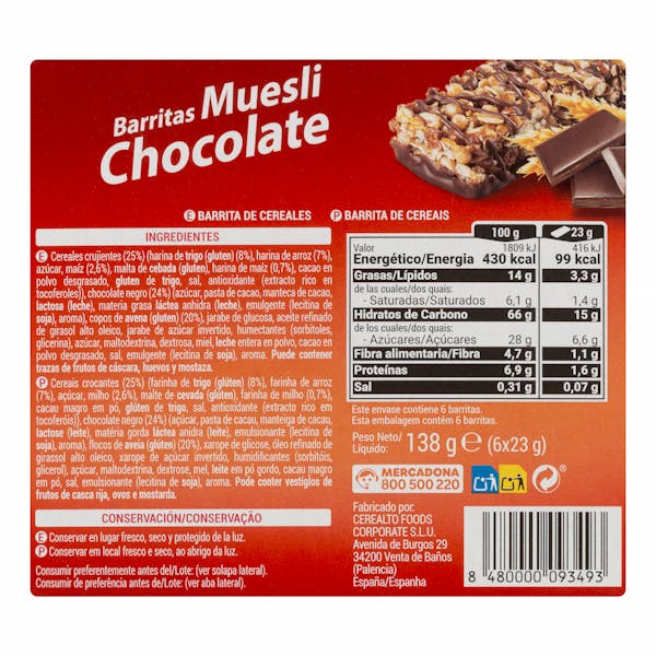 Barritas de cereales muesli y chocolate Hacendado