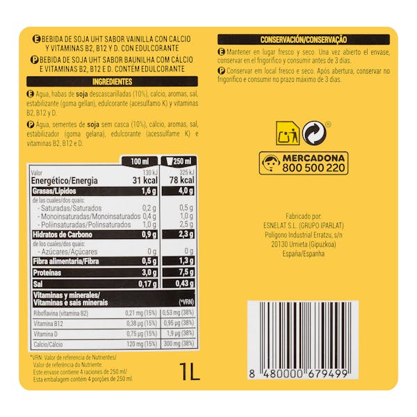 Bebida de soja sabor vainilla Hacendado 0% azúcar