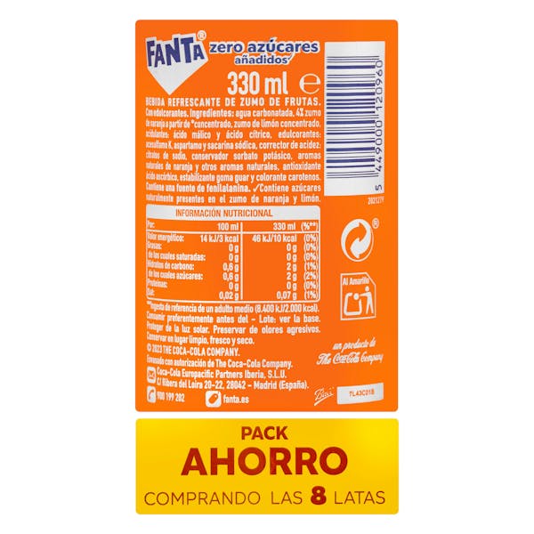 Refresco Fanta naranja zero azúcares añadidos