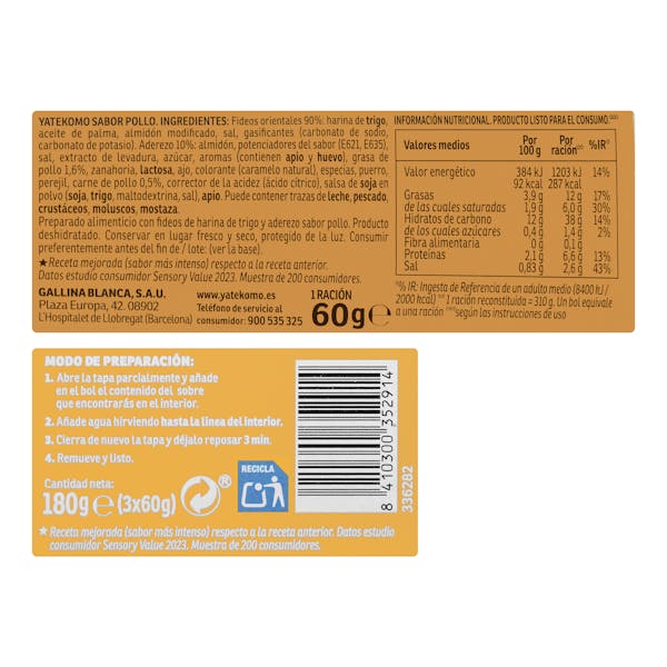 Fideos orientales Yatekomo sabor pollo Gallina Blanca