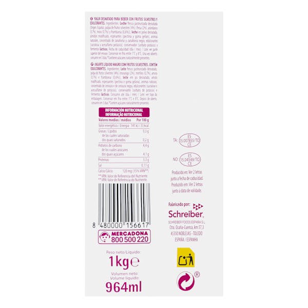 Yogur líquido frutos silvestres Hacendado 0% MG 0% azúcares añadidos
