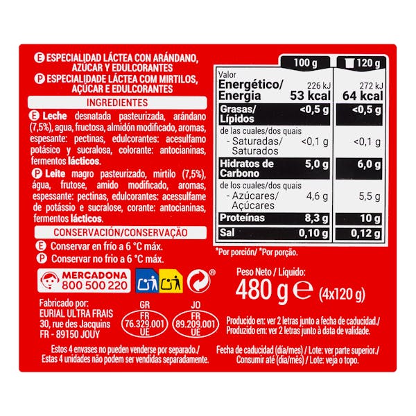 Postre lácteo con arándanos +Proteínas Hacendado 0% MG 10 g proteínas