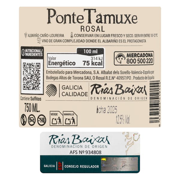 Vino blanco albariño Ponte Tamuxe DO Rías Baixas