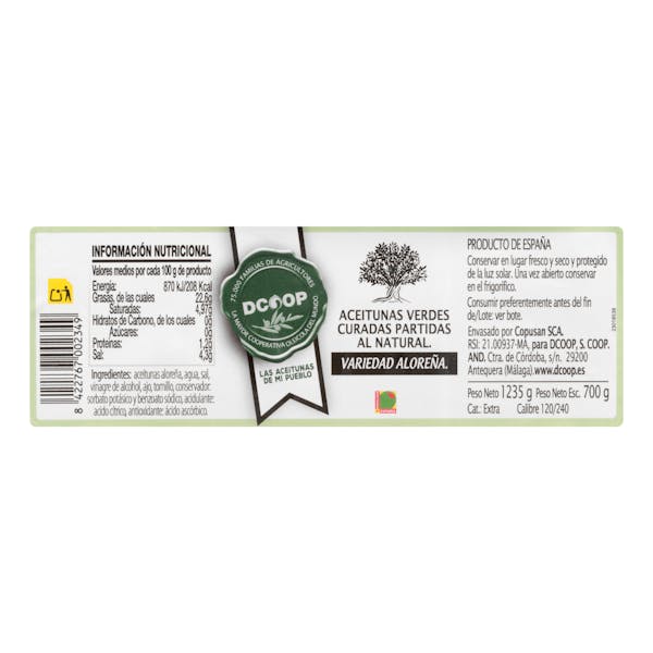 Aceitunas verdes curadas Dcoop partidas al natural