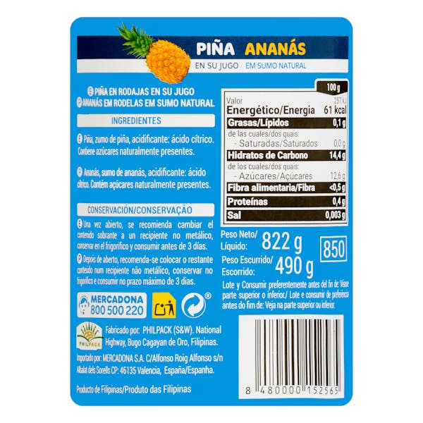 Piña en su jugo Hacendado rodajas