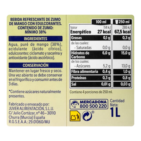 Bebida de mango Hacendado sin azúcares añadidos