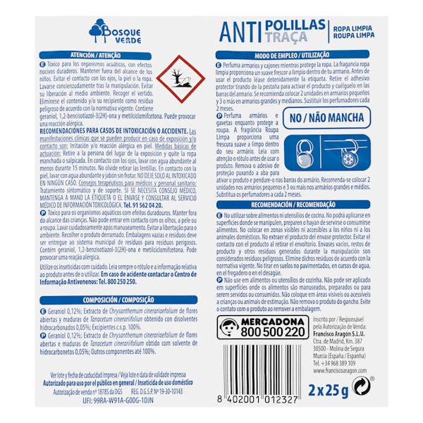 Colgador antipolillas Ropa Limpia Bosque Verde