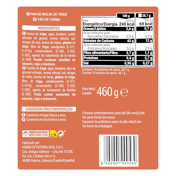 Pan de molde blanco Hacendado