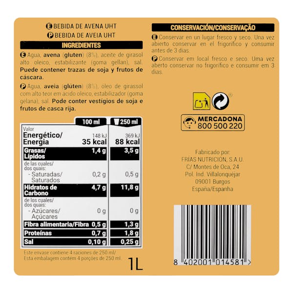 Bebida de avena Hacendado 0% azúcar