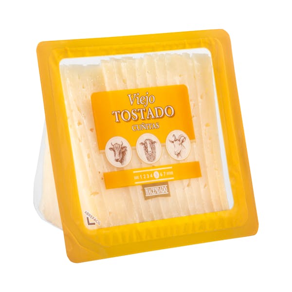 Queso viejo tostado mezcla Hacendado cortado en cuñitas
