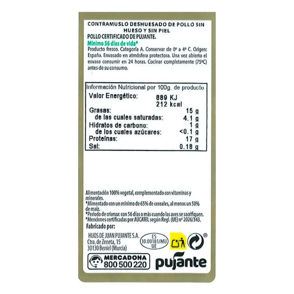 Contramuslos deshuesados y sin piel de pollo certificado alimentado con un 50% de maíz