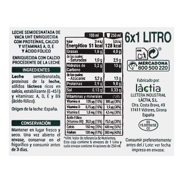Leche semidesnatada calcio Hacendado