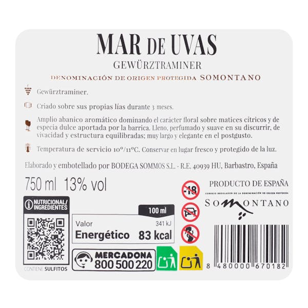 Vino blanco Gewürztraminer Mar de Uvas DOP Somontano