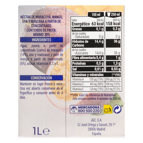 Néctar de maracuyá Hacendado fruta de la pasión, mango, uva y manzana