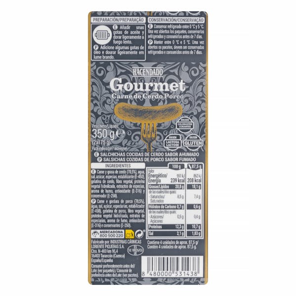 Salchichas cocidas bocata gourmet Hacendado de cerdo sabor ahumado
