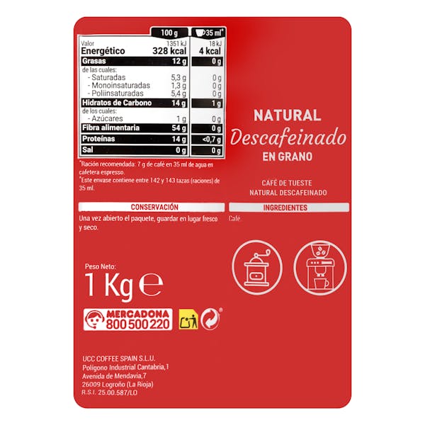 Café en grano natural Hacendado descafeinado