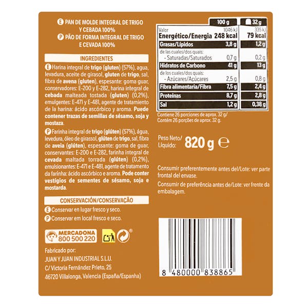 Pan de molde 100% integral familiar Hacendado