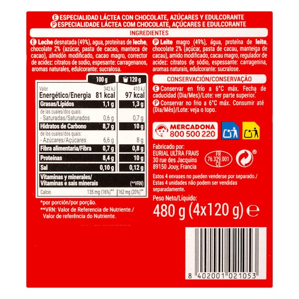 Natillas con chocolate +Proteínas Hacendado 1,3 g MG 10 g proteínas