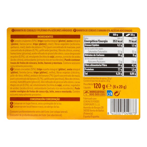 Barritas de cereales plátano y cacao Hacendado
