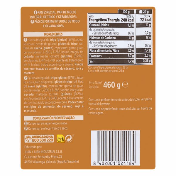 Pan de molde 100% integral Hacendado