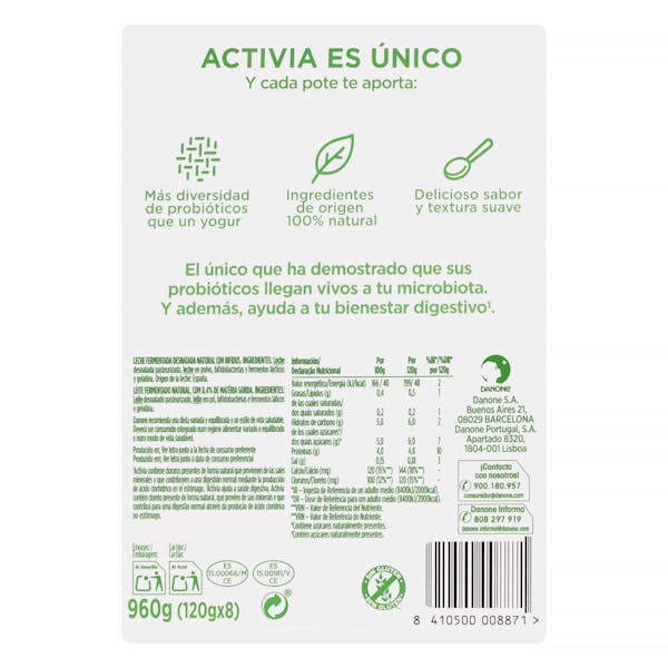 Bífidus natural probióticos Activia 0% 0% azúcares añadidos