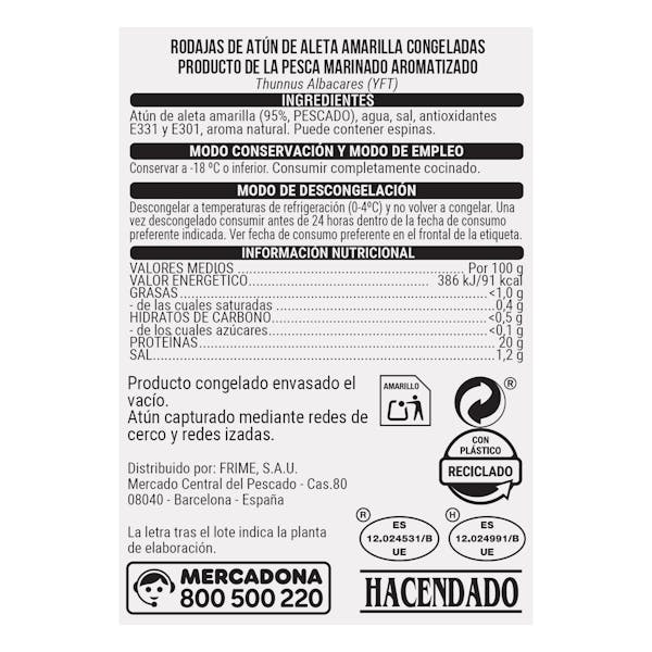 Rodajas de atún de aleta amarilla Hacendado congelado