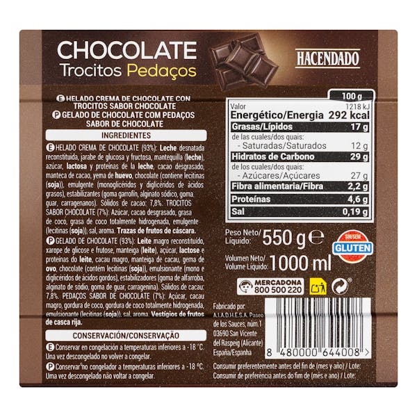 Helado de chocolate Hacendado con trocitos sabor chocolate