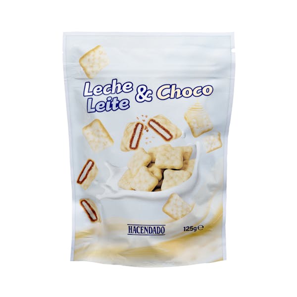 Cereales cubiertos de chocolate blanco rellenos con leche Hacendado