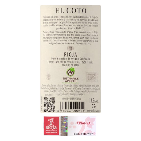 Vino tinto crianza El Coto DO Rioja