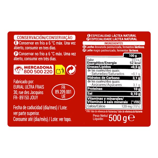 Postre lácteo natural +Proteínas Hacendado 0% MG 10 g proteínas