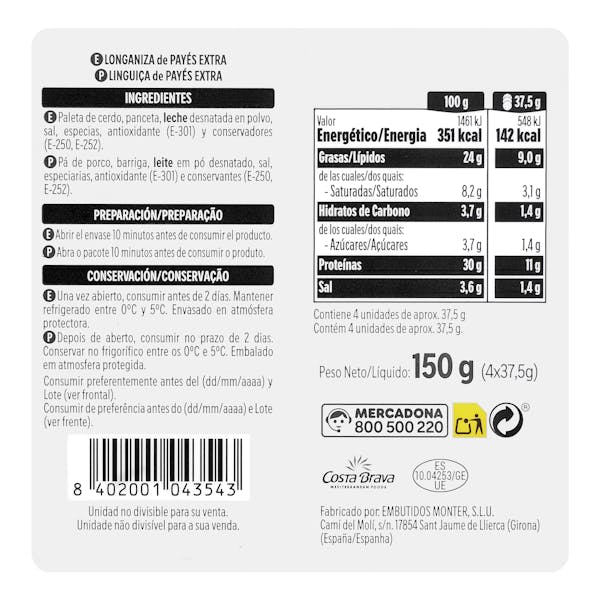 Longaniza de payés extra Hacendado lonchas