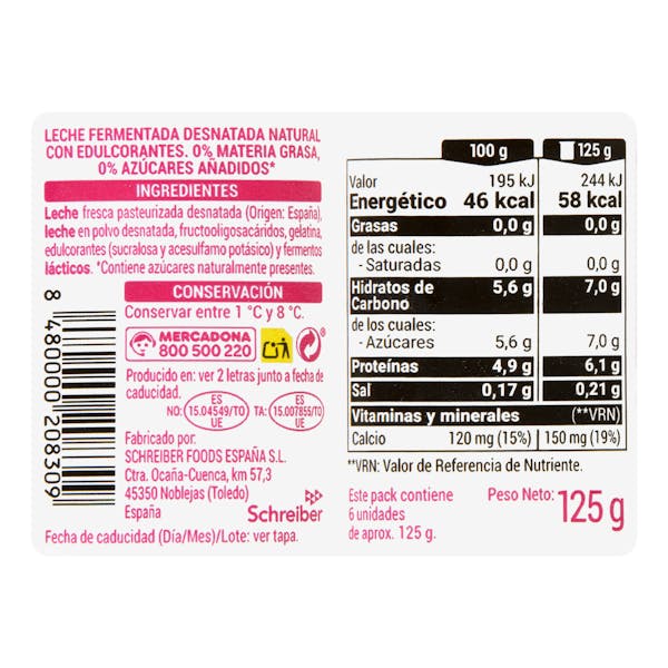 Postre lácteo cremoso natural edulcorado Hacendado 0% MG 0% azúcares añadidos