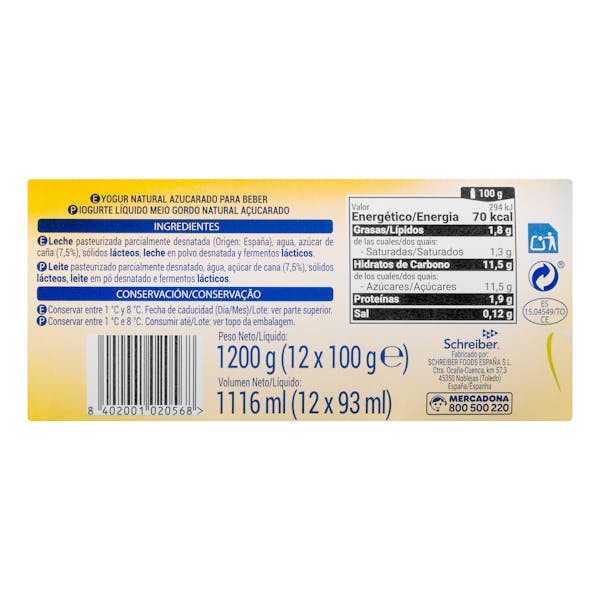 Yogur líquido natural Hacendado con azúcar de caña