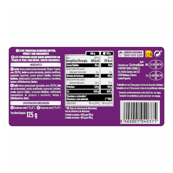 Bífidus con pera probióticos Hacendado 0% MG 0% azúcares añadidos