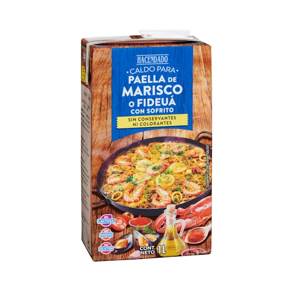Caldo de marisco o fideuá para paella Hacendado con sofrito Mercadona