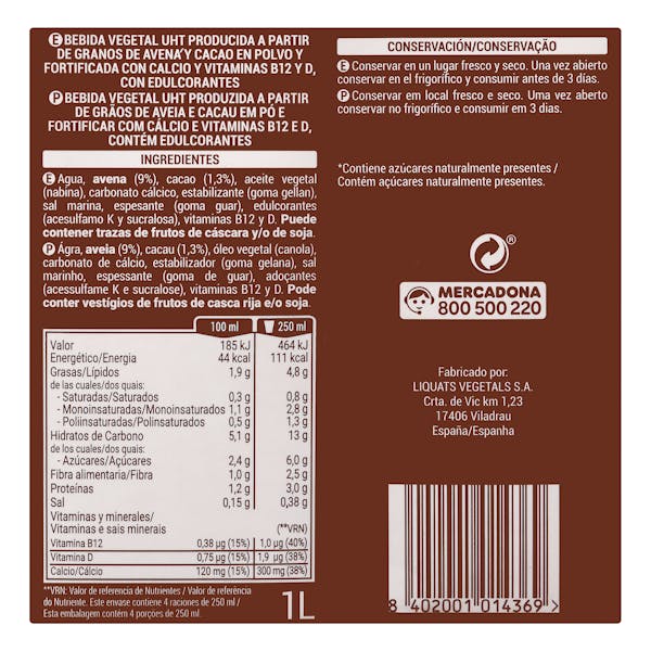 Bebida de avena con chocolate sin azúcares añadidos Hacendado