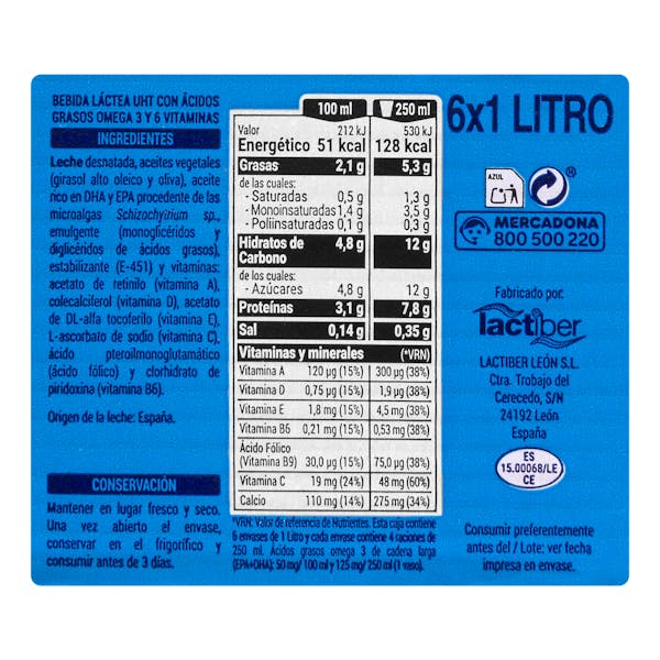 Bebida láctea desnatada omega 3 Hacendado