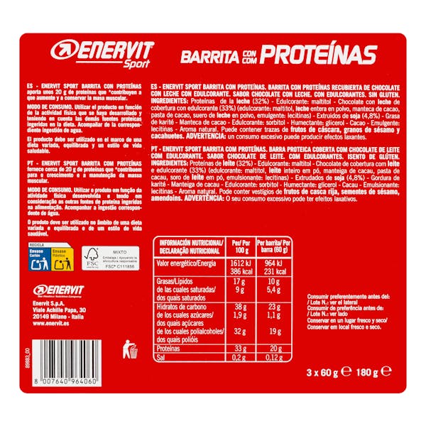 Barrita con proteínas sabor chocolate con leche Enervit Sport