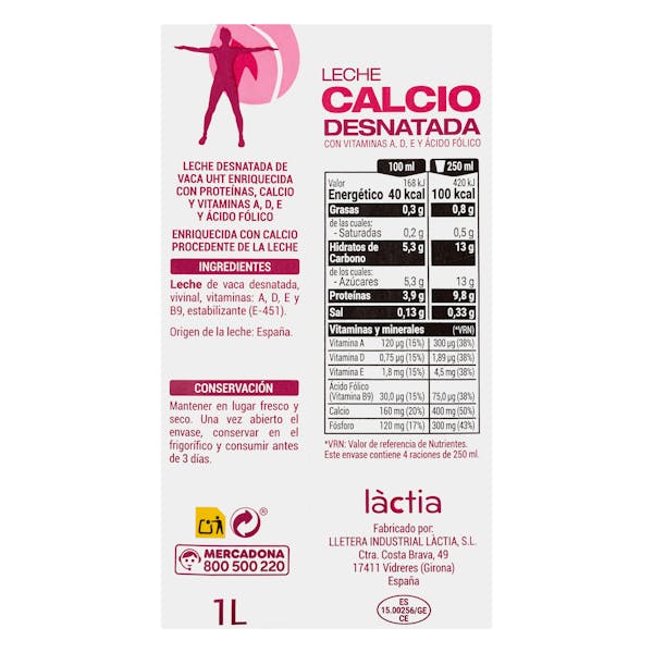 Leche desnatada calcio Hacendado