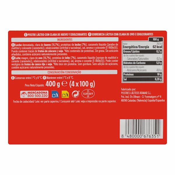 Flan de huevo +Proteínas Hacendado 0% MG 0% azúcares añadidos 10 g proteínas