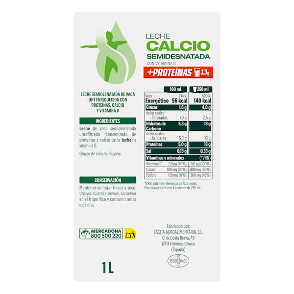 Leche semidesnatada calcio Hacendado