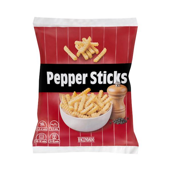 Patatas prefritas Pepper Sticks Hacendado rebozadas con sal y pimienta