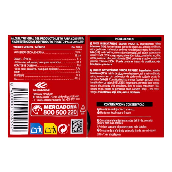 Fideos orientales sabor picante Hacendado