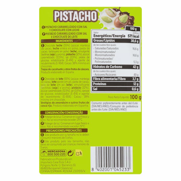Pistachos bañados de chocolate con leche Hacendado