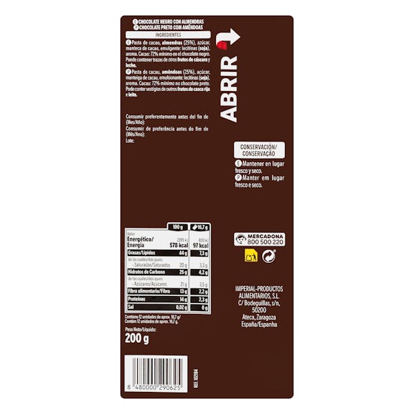 Chocolate negro 72% de cacao Hacendado con almendras enteras